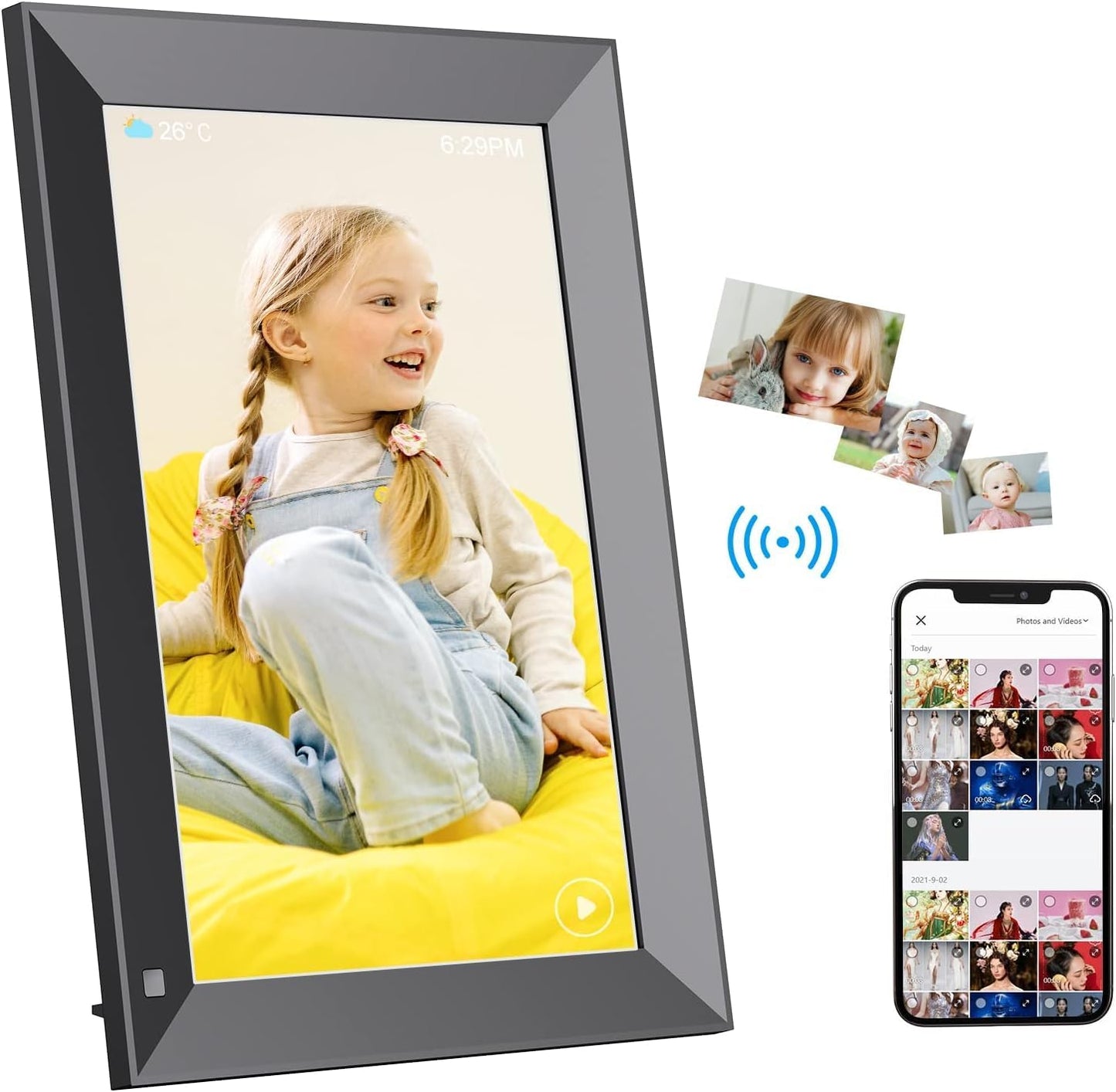 Zcyge WLAN Digital Picture Frame, 10.1 Inches, Share Video Clips and Photos Instantly via Email or App, Automatic Picture Rotation, Energy-Saving Motion Sensor, Black